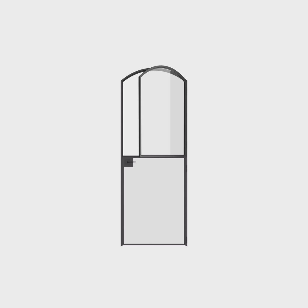Modular Dutch steel door with curved glass and sleek architectural styling.