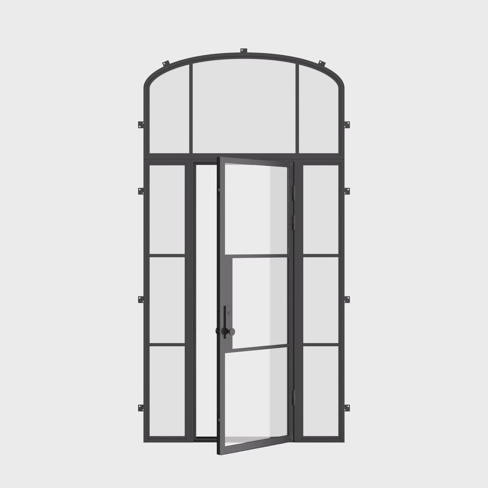 minimalist exterior door with mini arch top glass
