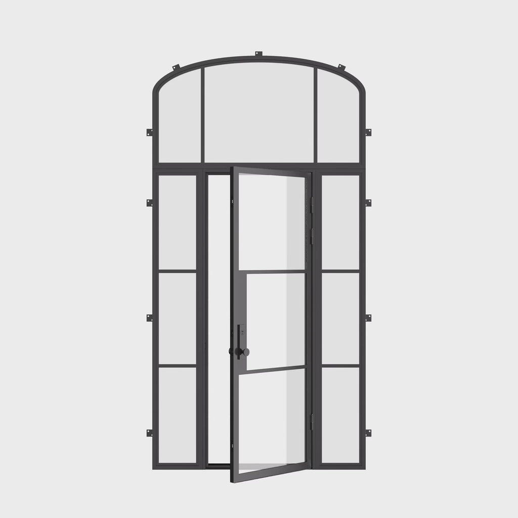 minimalist exterior door with mini arch top glass