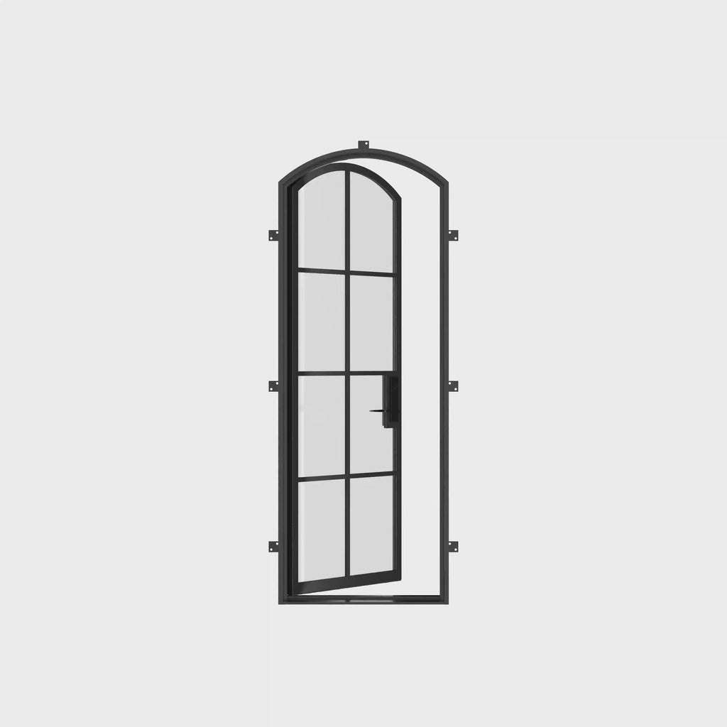single arch steel entry doors with full arch transom, NFRC rated architectural steel and glass