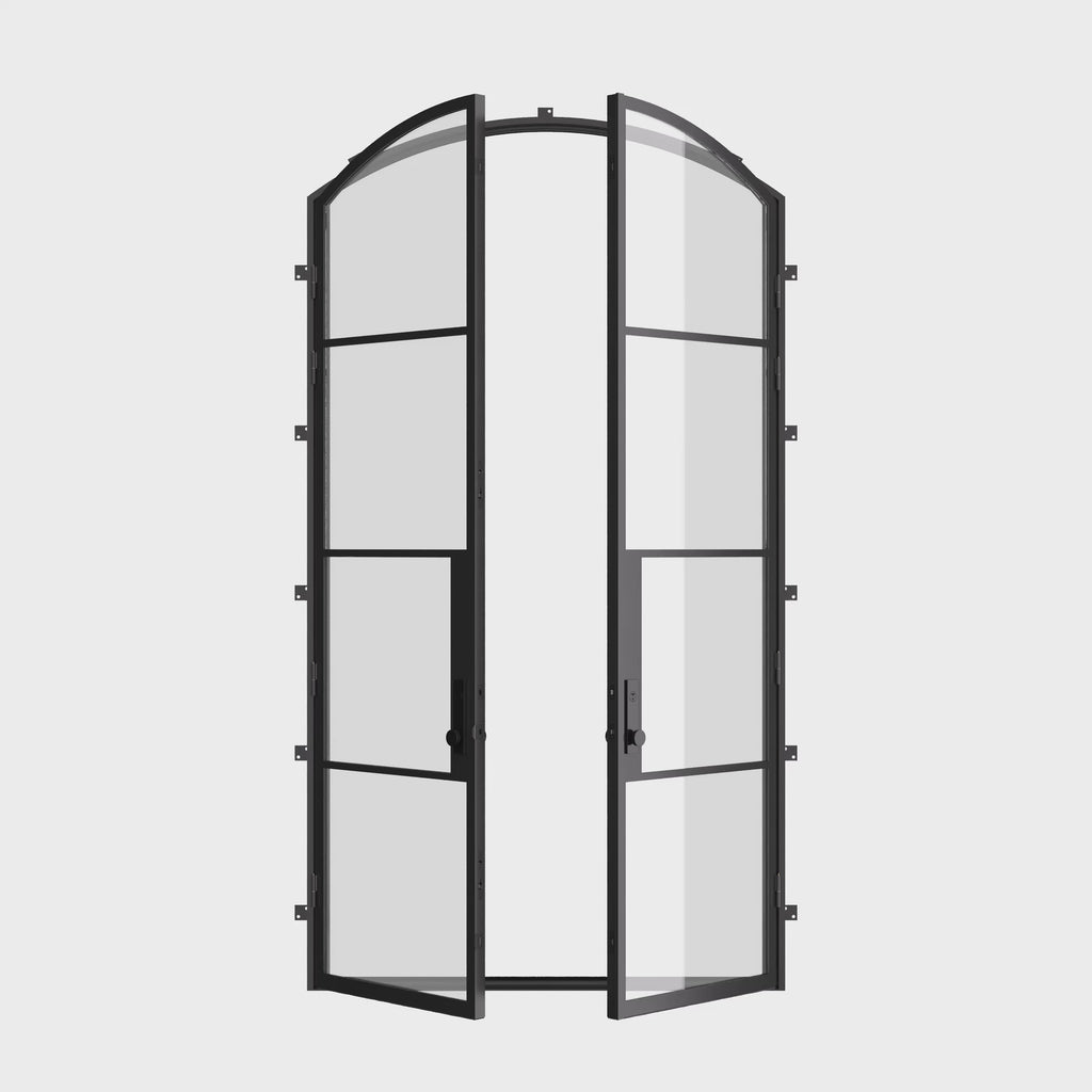 360 turnaround video of tall arch top steel doors