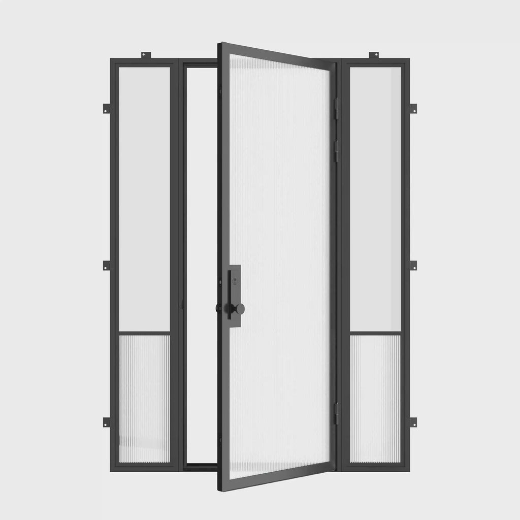 Minimalist steel entry door with sidelights, Air Grand ribbed glass accents and insulated glazing