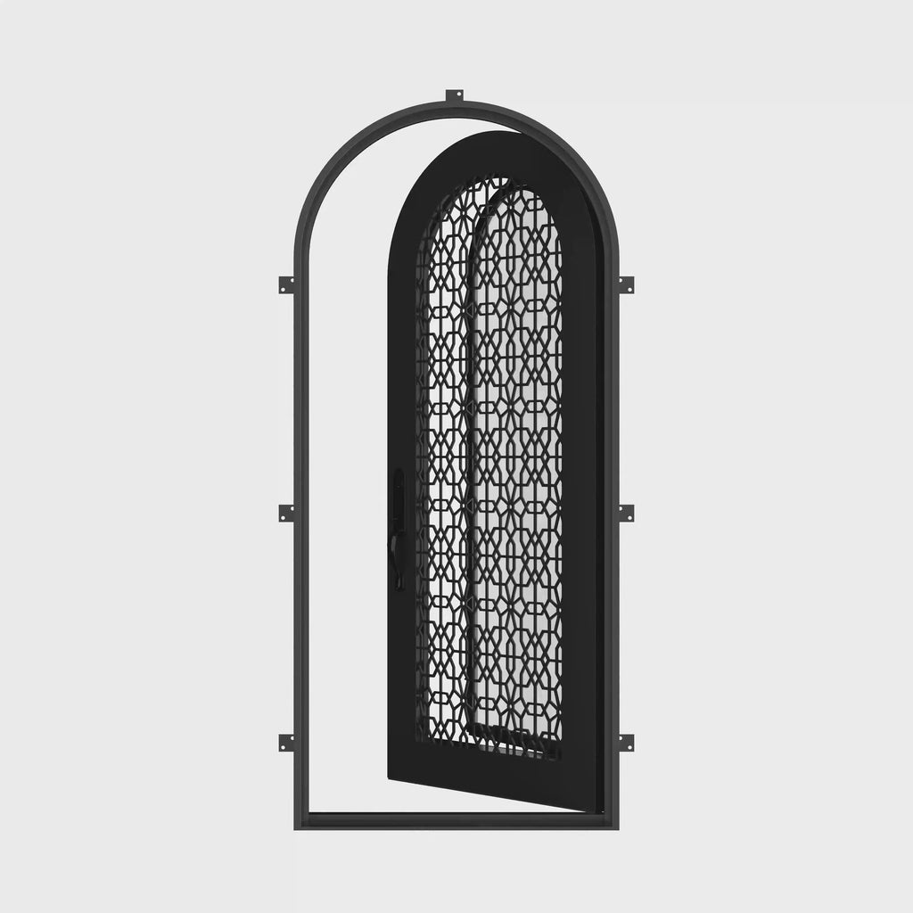DNA’ pre-hung bronze color iron single full arch door with decorative scrollwork.