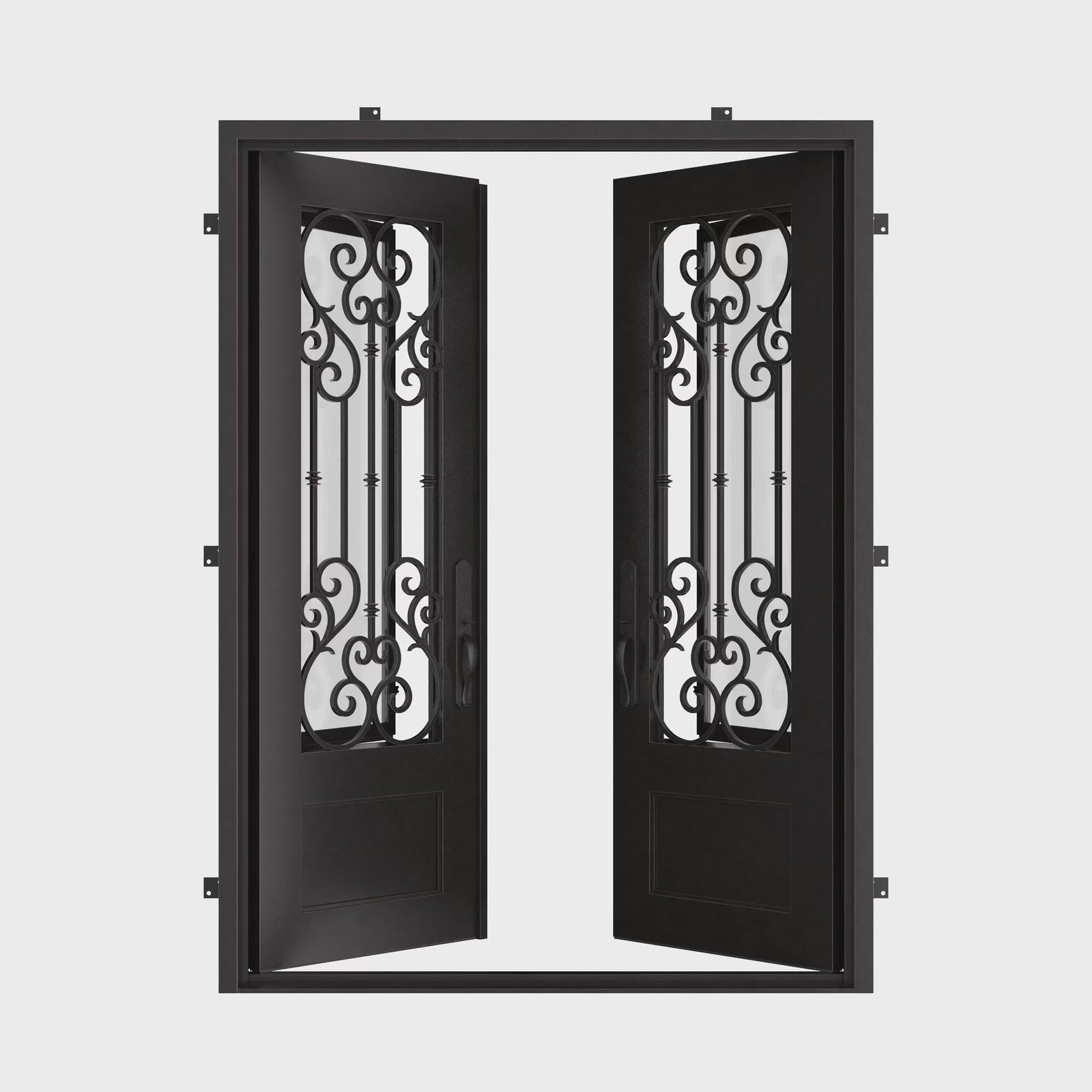 New York bronze color metal double door with square top and thick glass.