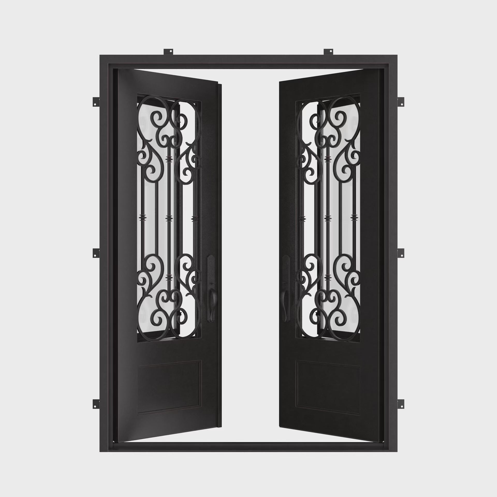 New York bronze color metal double door with square top and thick glass.