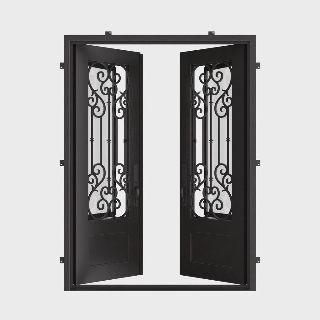 New York bronze color metal double door with square top and thick glass.