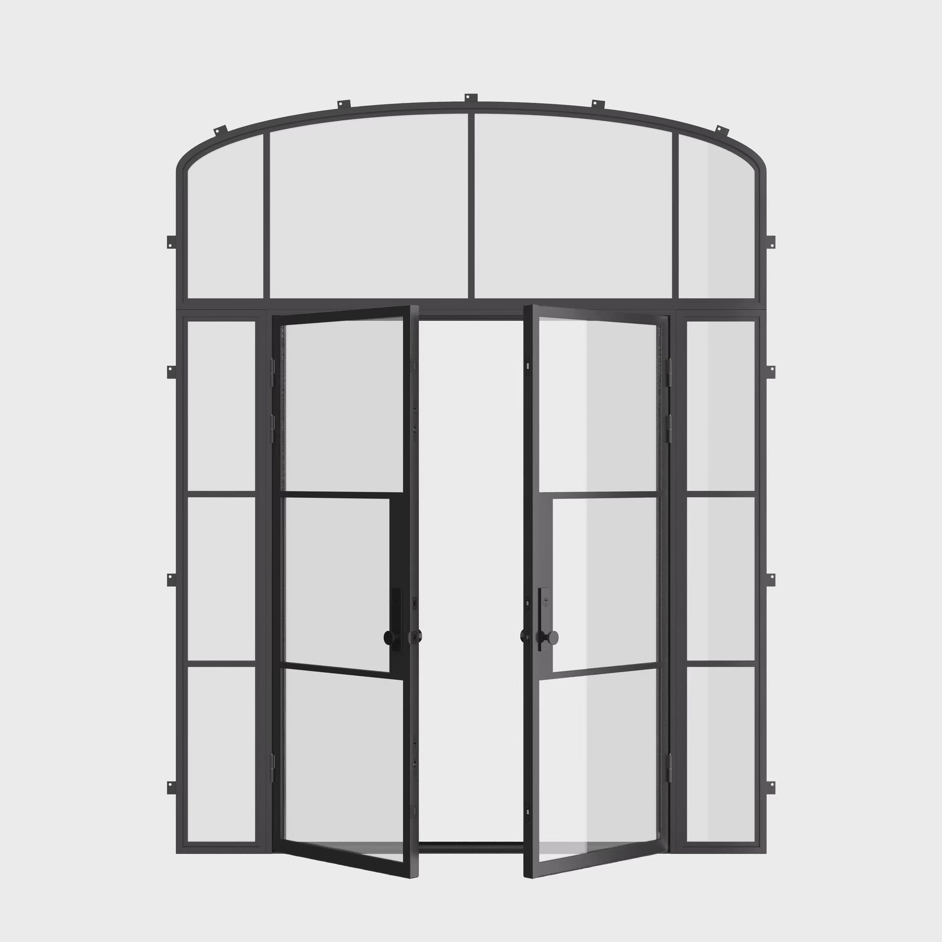 Air 4 double flat entry door with sidelights and arch top glass, cold rolled steel build