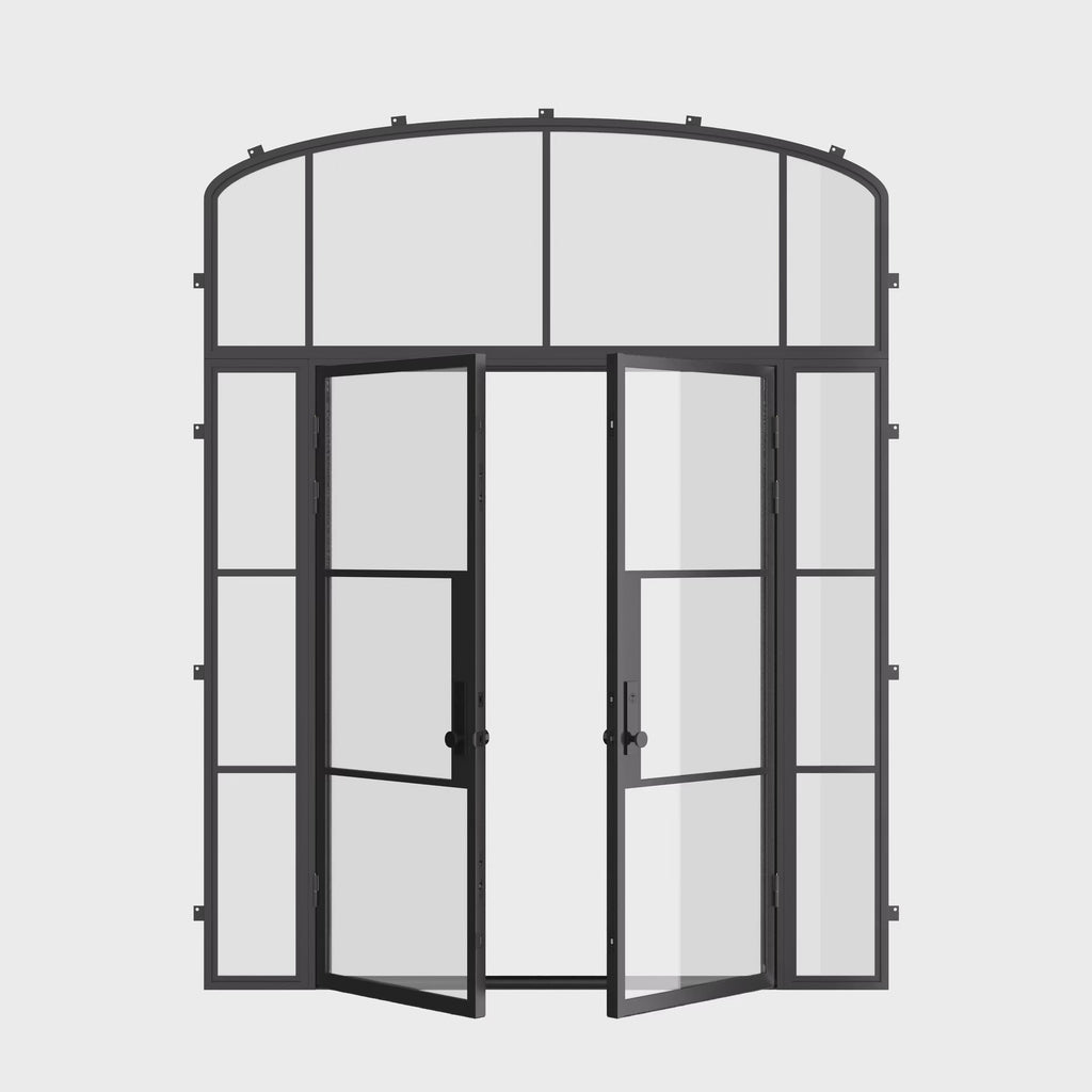 Air 4 double flat entry door with sidelights and arch top glass, cold rolled steel build