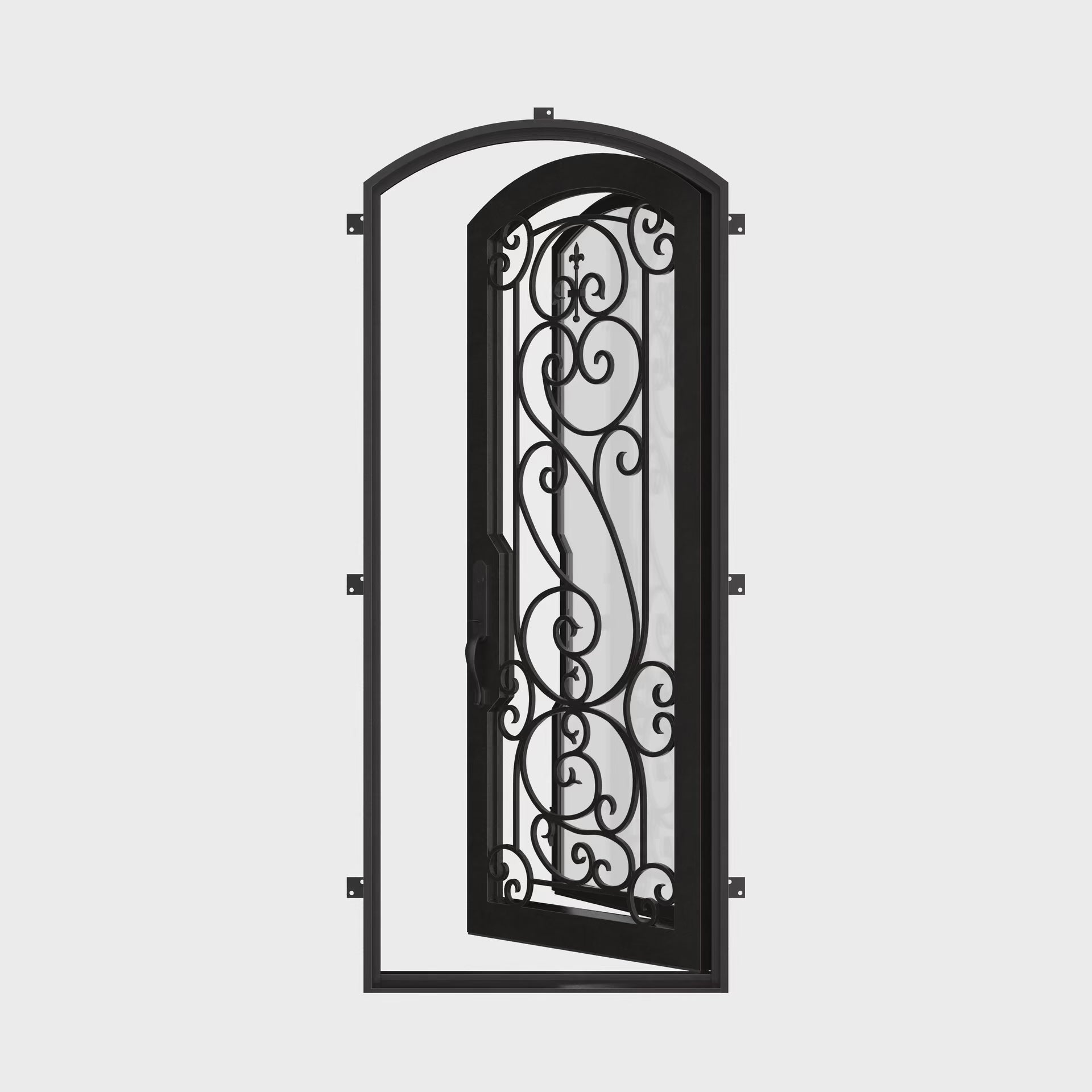 Hills pre-hung black wrought iron single arch top front door with thick glass.