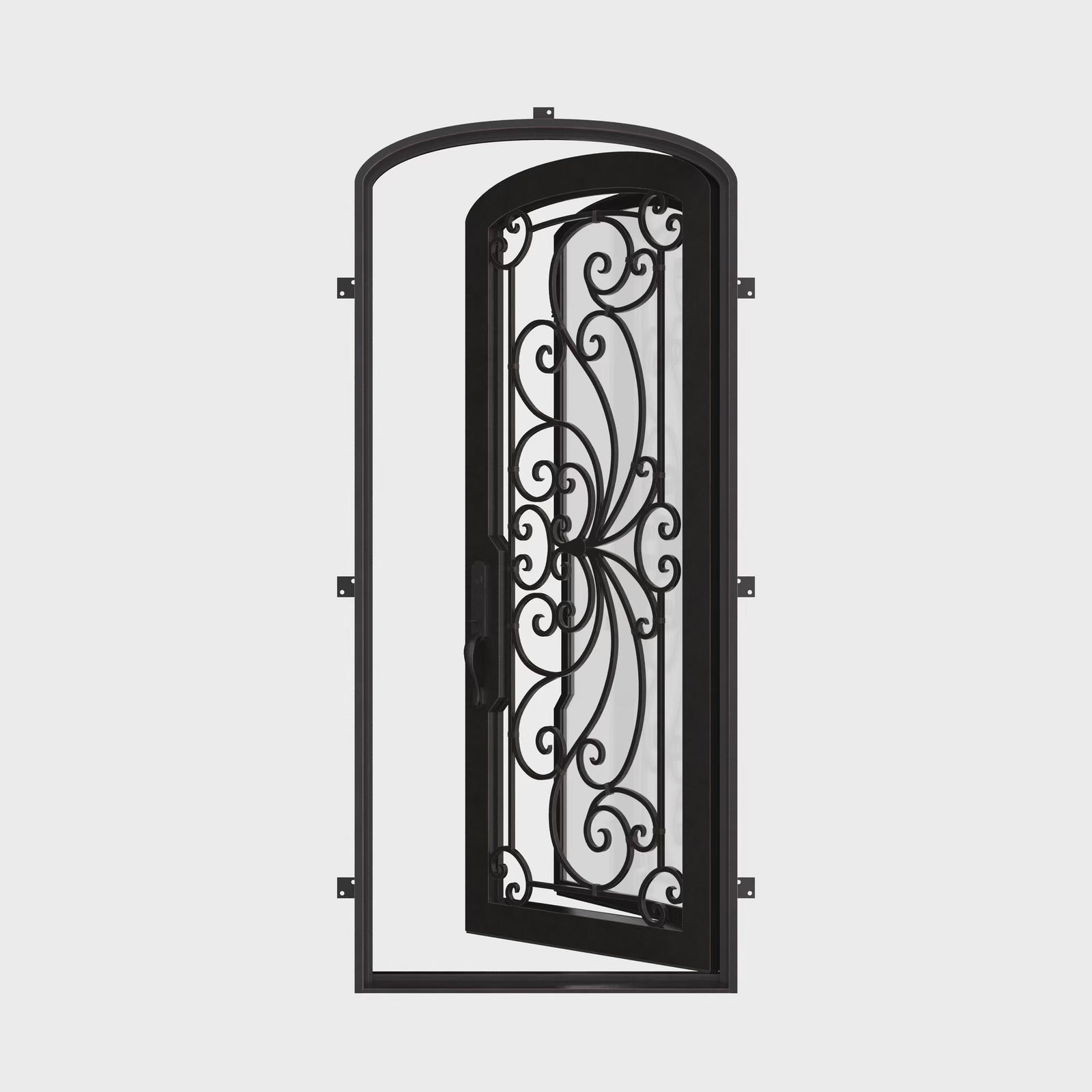 Miracle single mini arch top iron swing door with dual-pane energy efficient glass.