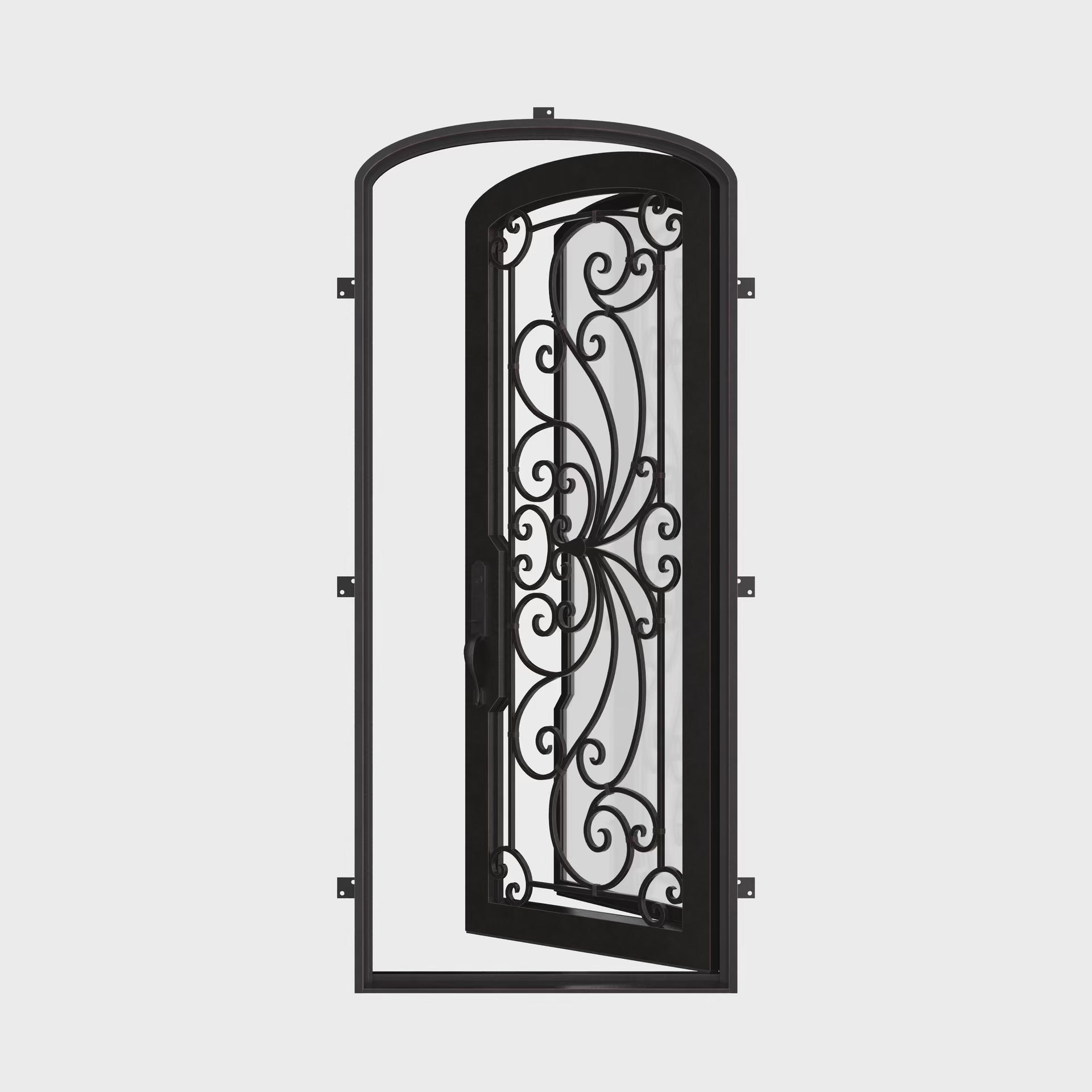 Miracle single mini arch top iron swing door with dual-pane energy efficient glass.