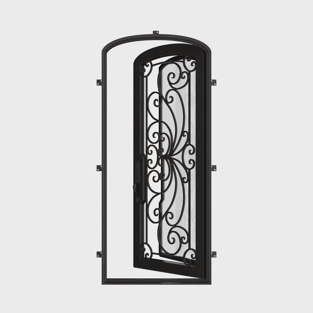 Miracle single mini arch top iron swing door with dual-pane energy efficient glass.