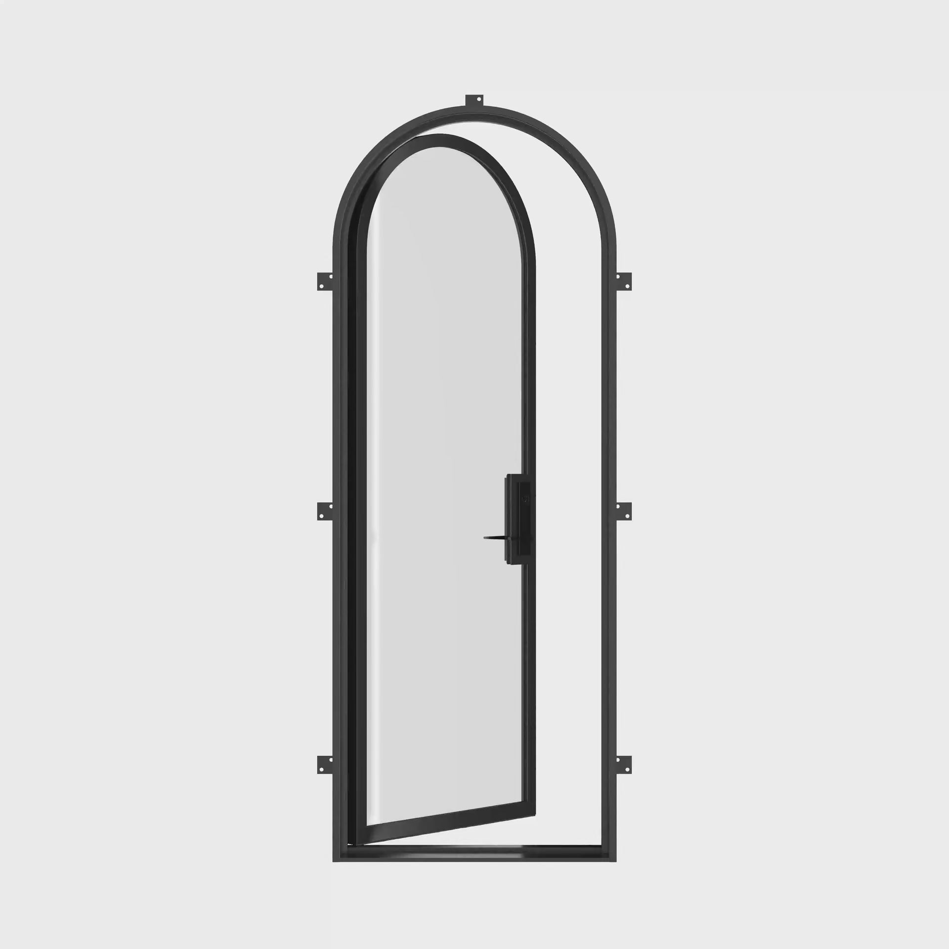 Custom full-arch thermally broken steel door with narrow frame lines and insulated tempered glass panels