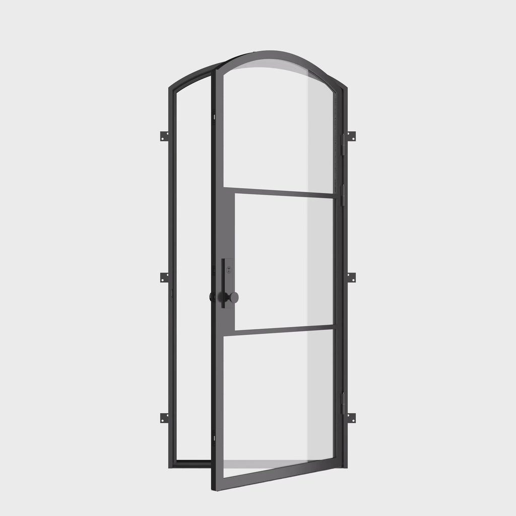 Architectural single arch steel exterior door with insulated frame