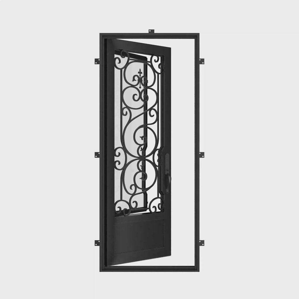 Beverly Black cold rolled metal single flat top entry door with glass insert.