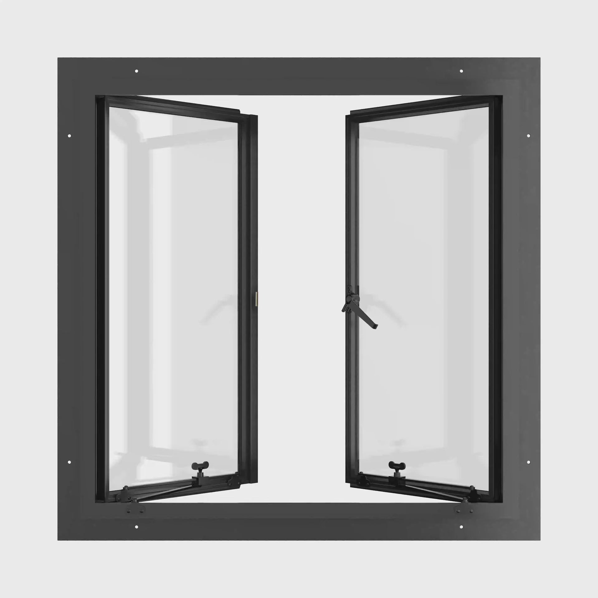 Thermally broken double casement steel window, square, cold-rolled steel, black, Low-E glass