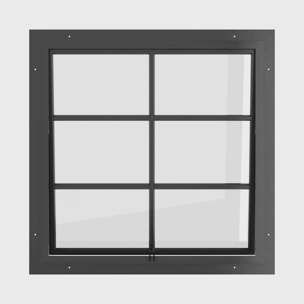 Awning steel window, square, 1V 2H grid, ring pull, hot-rolled galvanized steel, black, Low-E glass