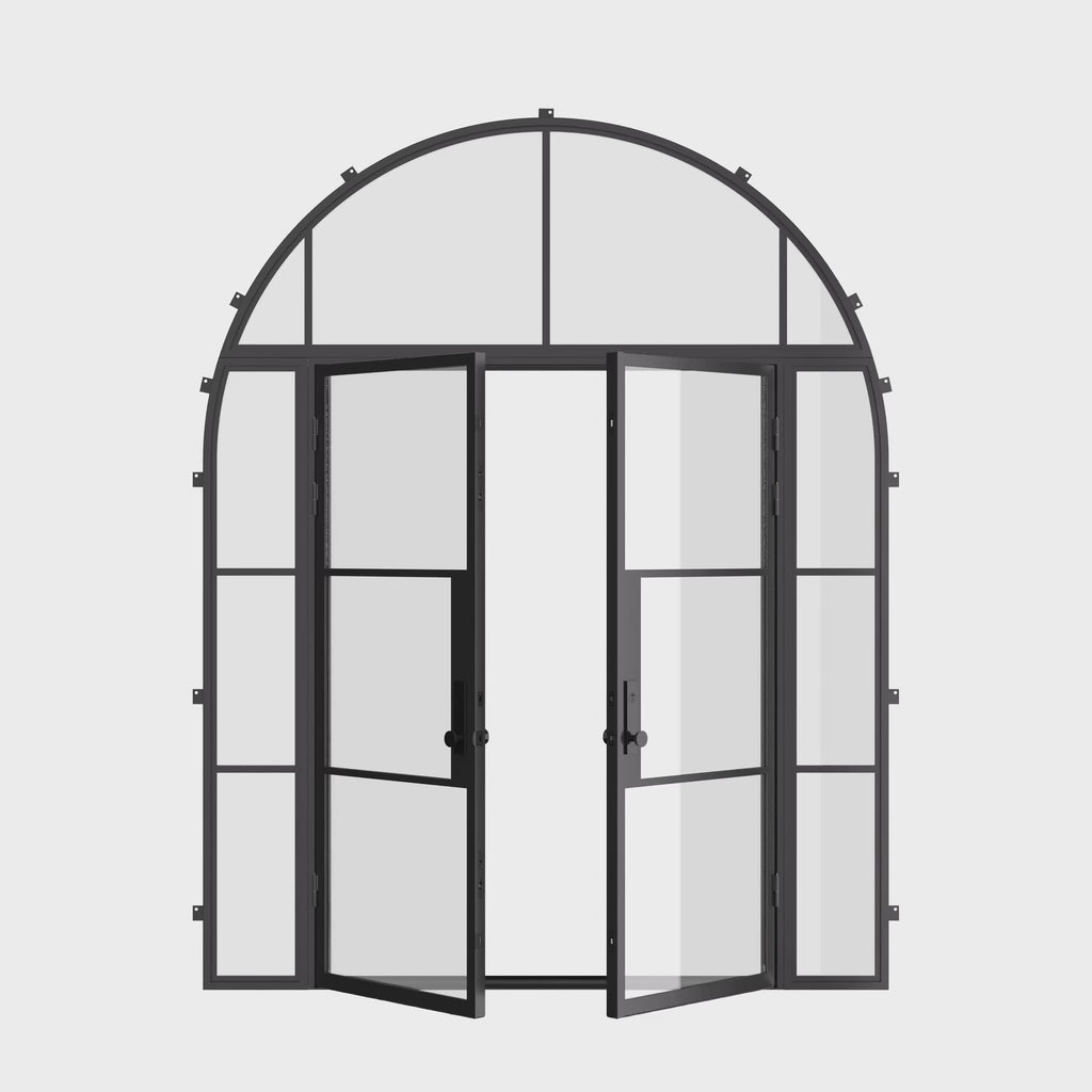 Custom double Air 4 steel doors with sidelights and arched top panel