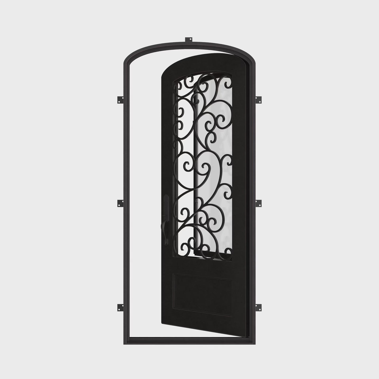 Story single mini arch top iron hinged door with glass in black color.