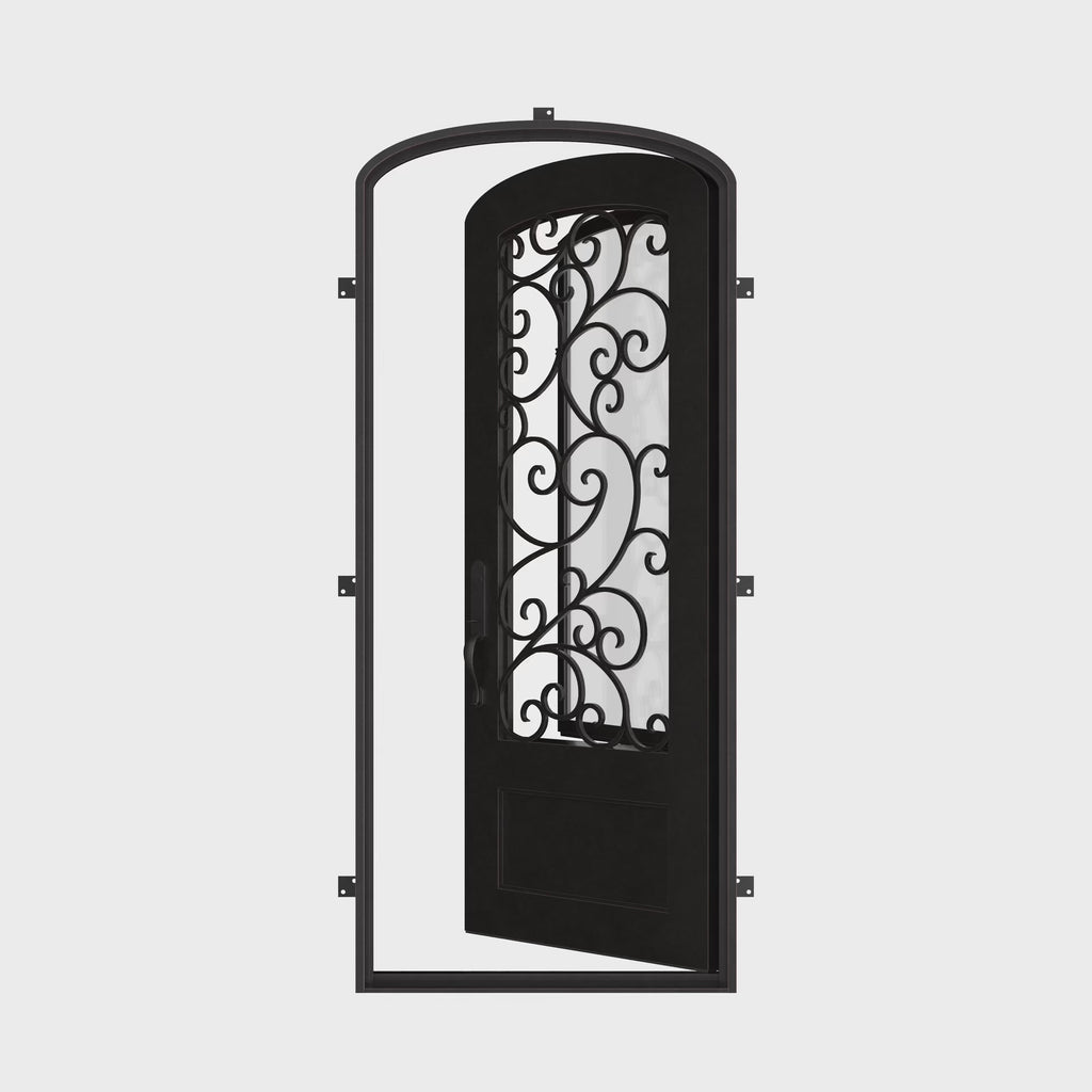 Story single mini arch top iron hinged door with glass in black color.