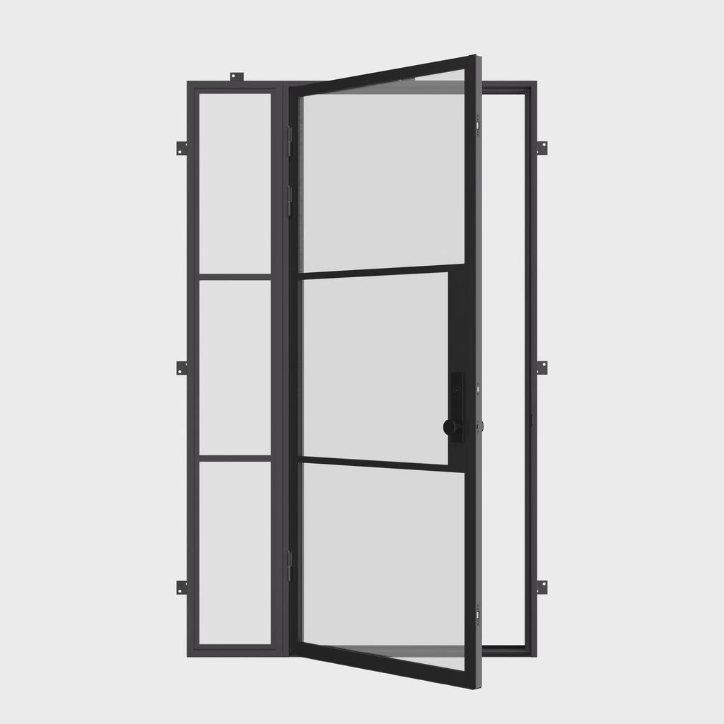 Air 4 single flat steel door with left sidelight, cold rolled frame and painted finish