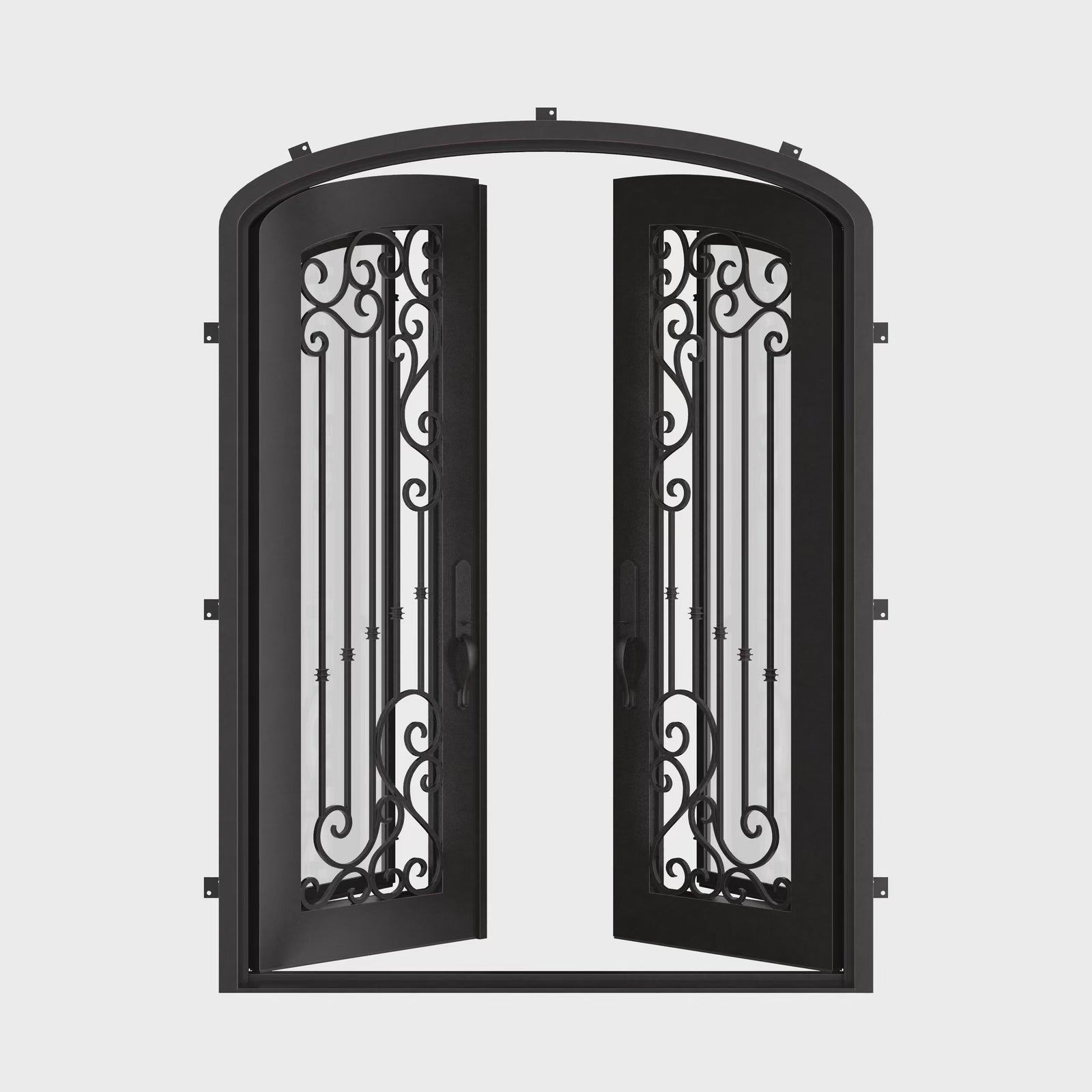 Paris iron entry door in bronze color with arched design.