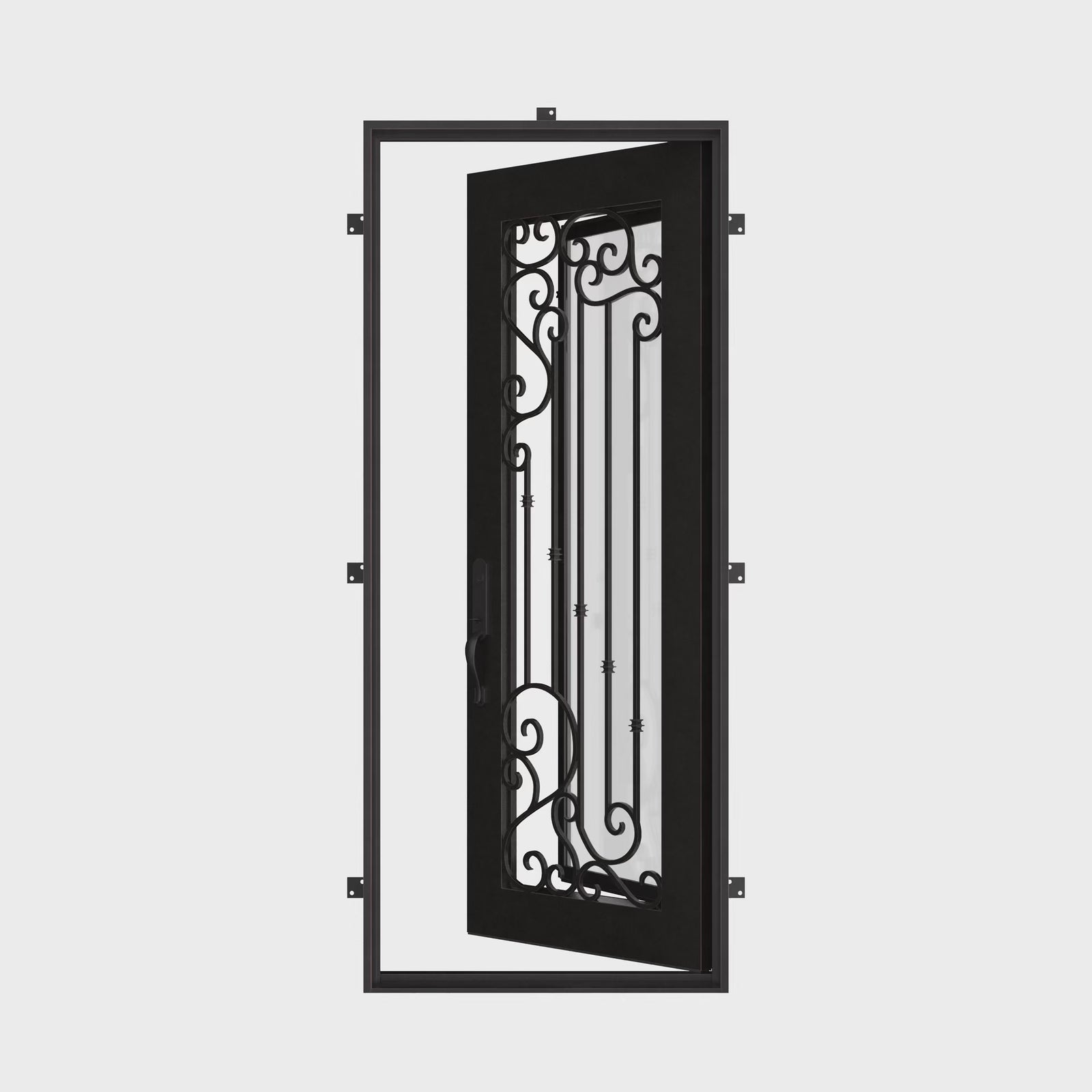 Paris Pre-hung bronze color wrought iron door with operable glass panel.