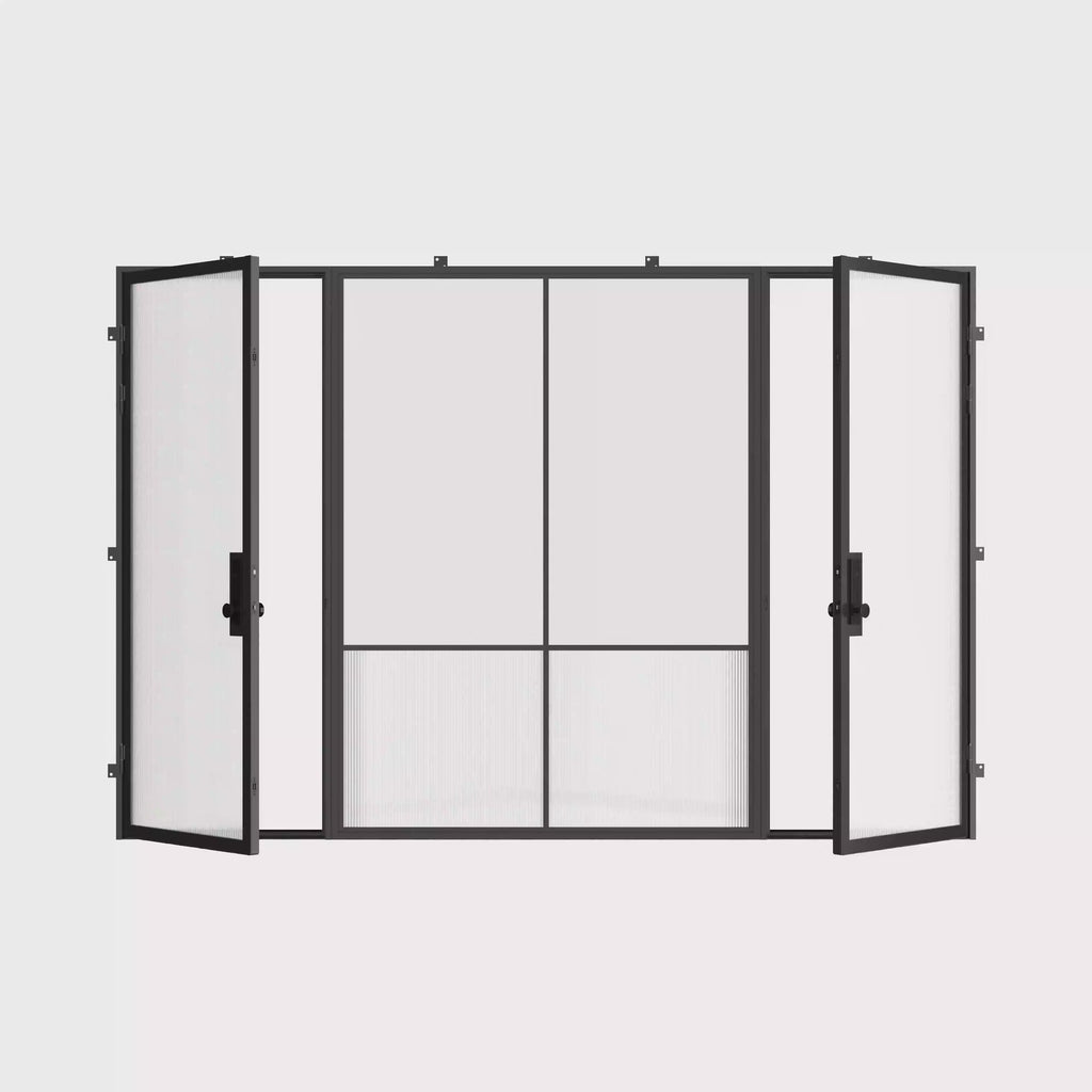 Minimalist steel entry door system, Air Grand double single doors with center fixed glass panel in cold-rolled galvanized steel and energy-efficient Low-E glass