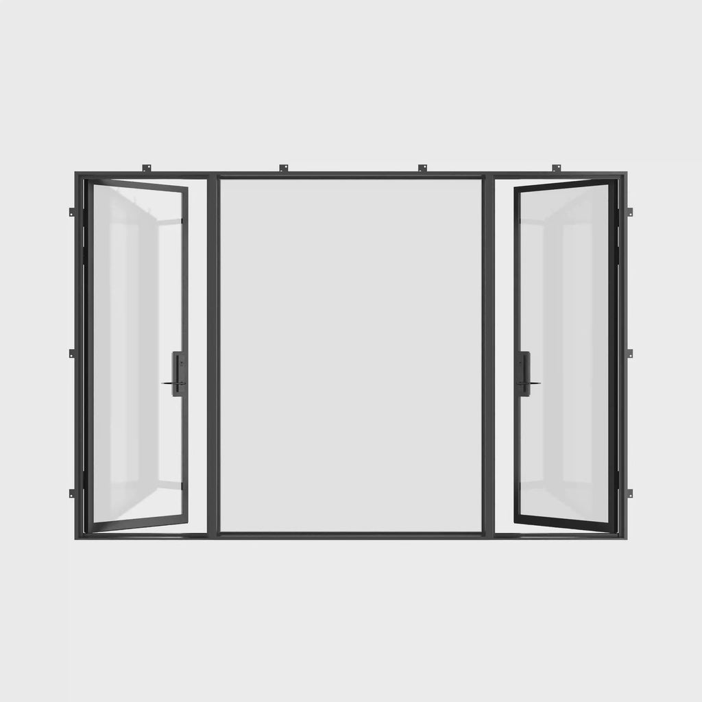 Pre-hung dual single steel doors with fixed middle glass.