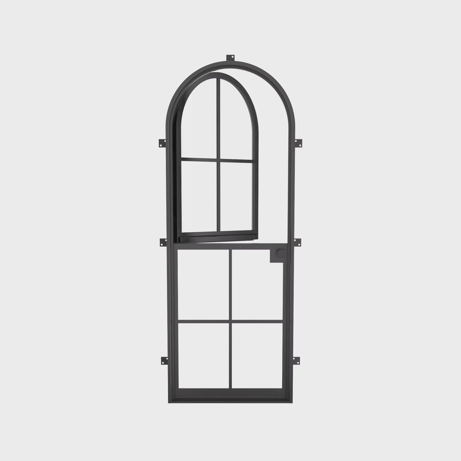 Contemporary Dutch single full arch steel door with safety glass lite