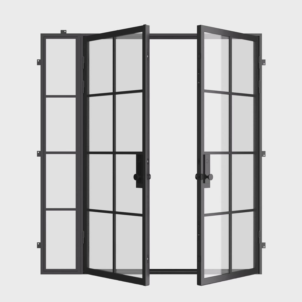 Double flat prehung steel entry doors with left sidelight, cold-rolled construction and dual-pane safety glass
