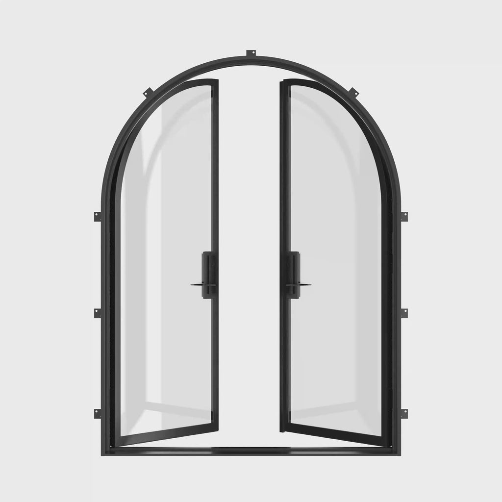 Designer double full-arch steel doors with thermal separation and modern sightlines