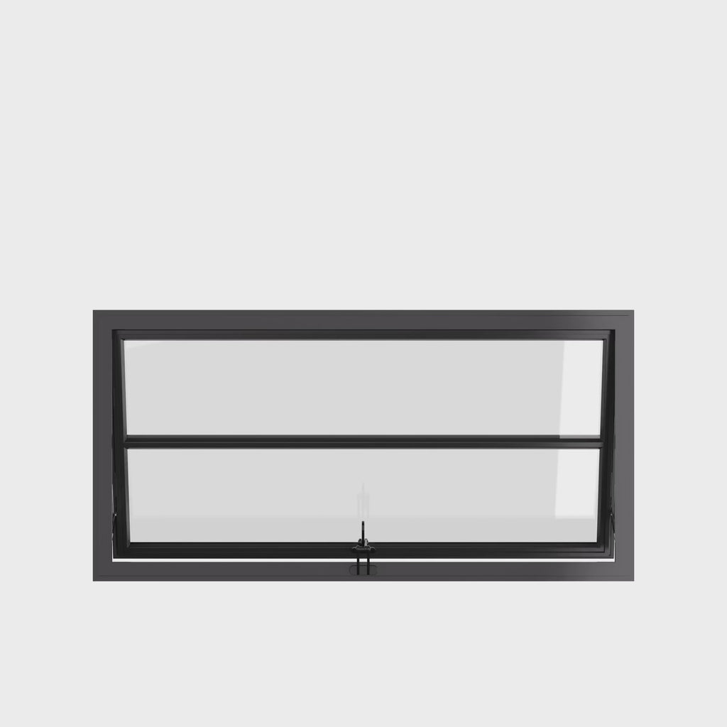 Thermally broken awning steel window, landscape, 0V 1H grid, ring pull, cold-rolled steel, black, Low-E glass