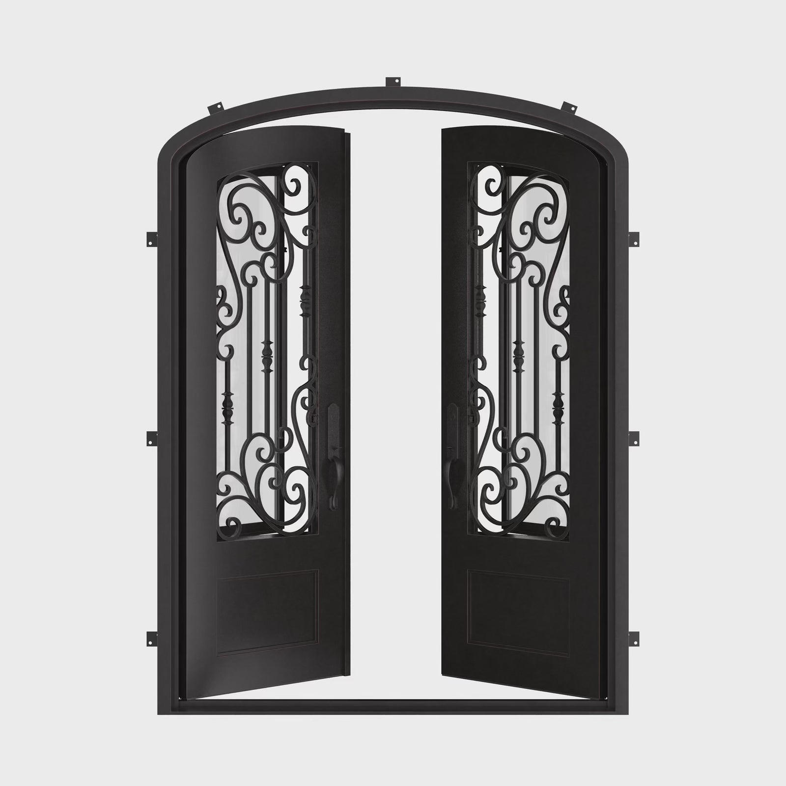 Golden Gate bronze colored double iron door with arch and clear glass.