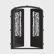 Golden Gate bronze colored double iron door with arch and clear glass.