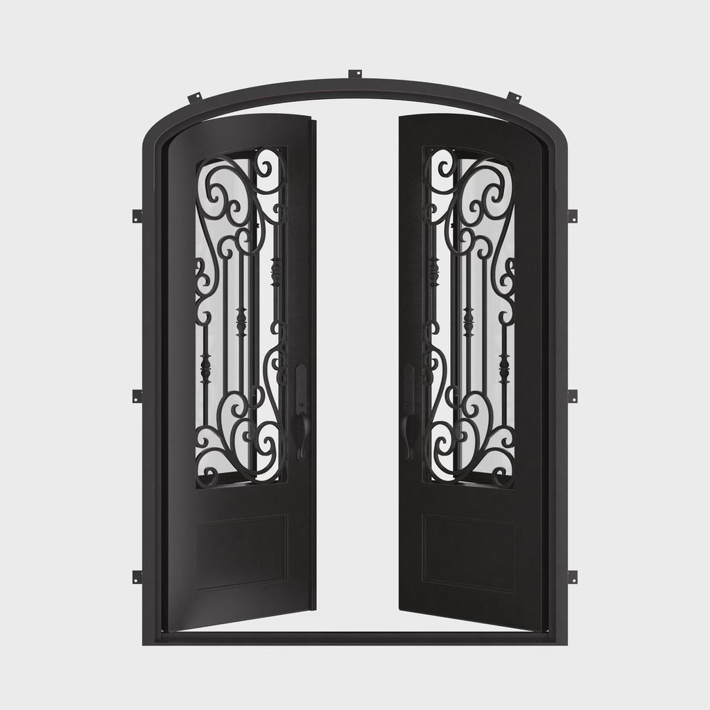 Golden Gate bronze colored double iron door with arch and clear glass.
