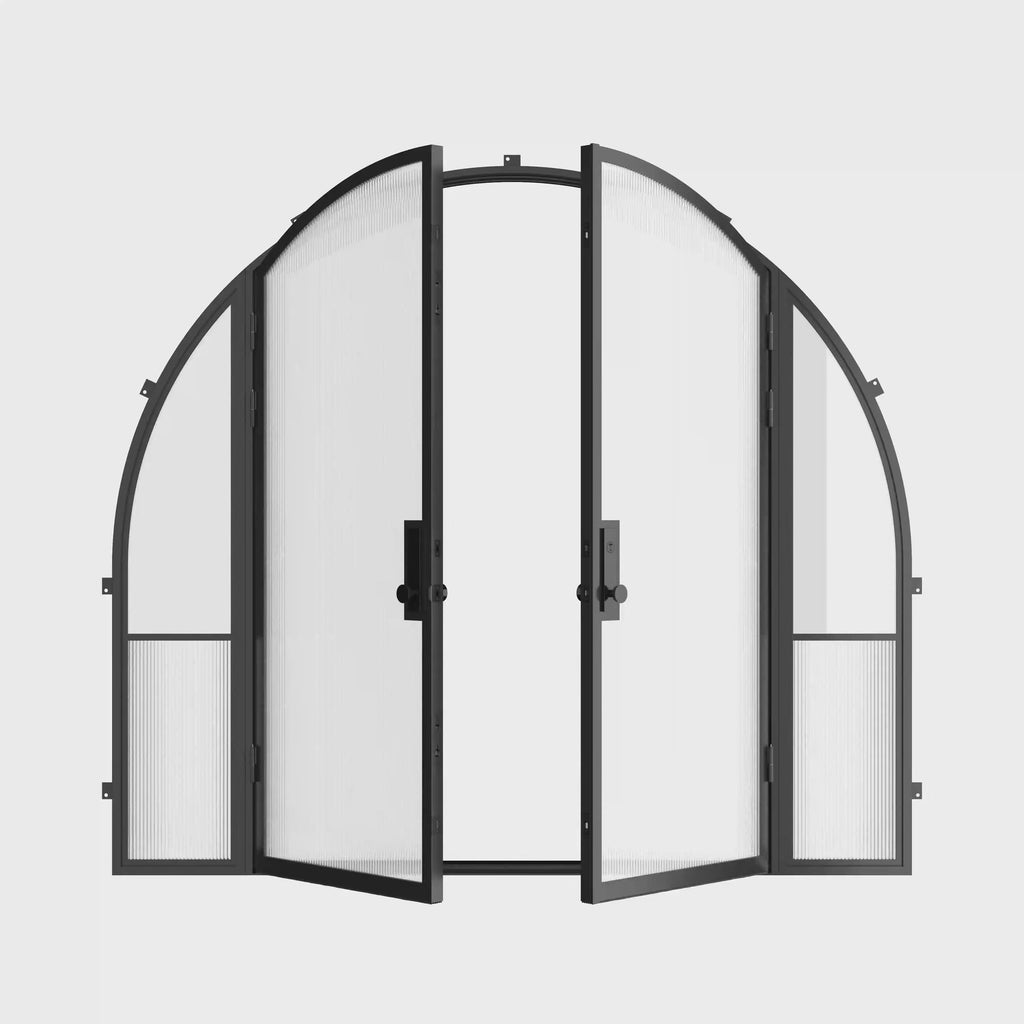 Exterior architectural steel double full arch doors with side windows, featuring ribbed glass accents and insulated Low-E tempered glass