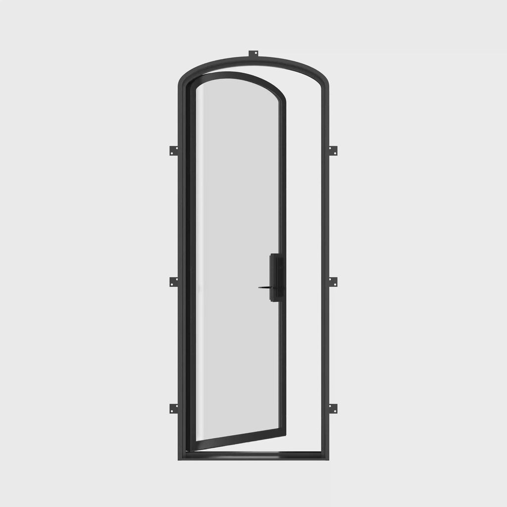 Mini arch steel door with SHGC-tested insulated glass.