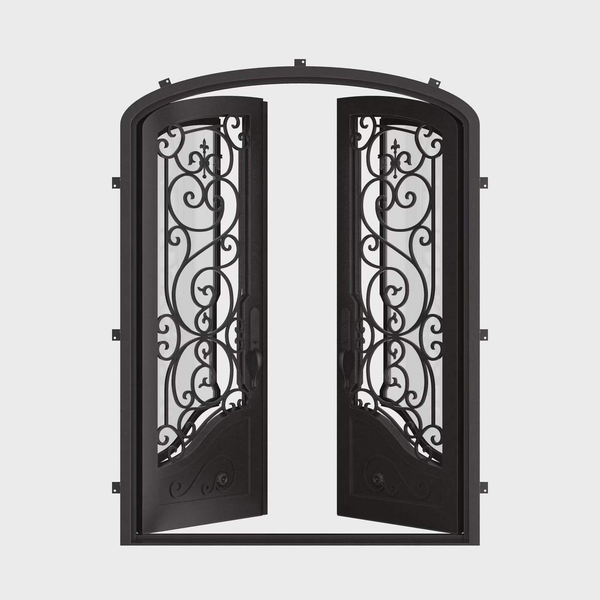 Beverly bronze colored iron entry door with arched entry and clear glass.