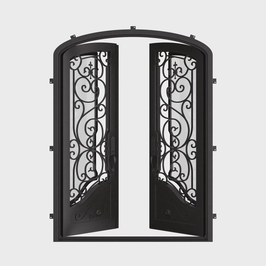 Beverly bronze colored iron entry door with arched entry and clear glass.