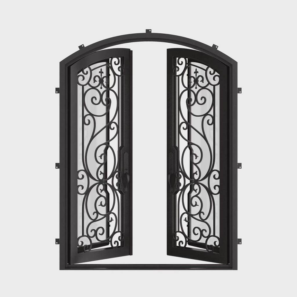 Hills metal arched top double door with glass and thermal break in black.