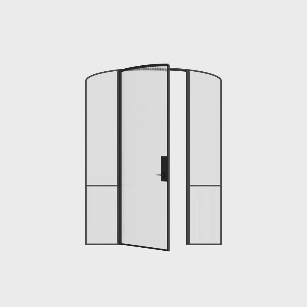 Minimalist interior steel door with mini arch and side windows, Air Grand removable threshold OTTOSTUMM frame