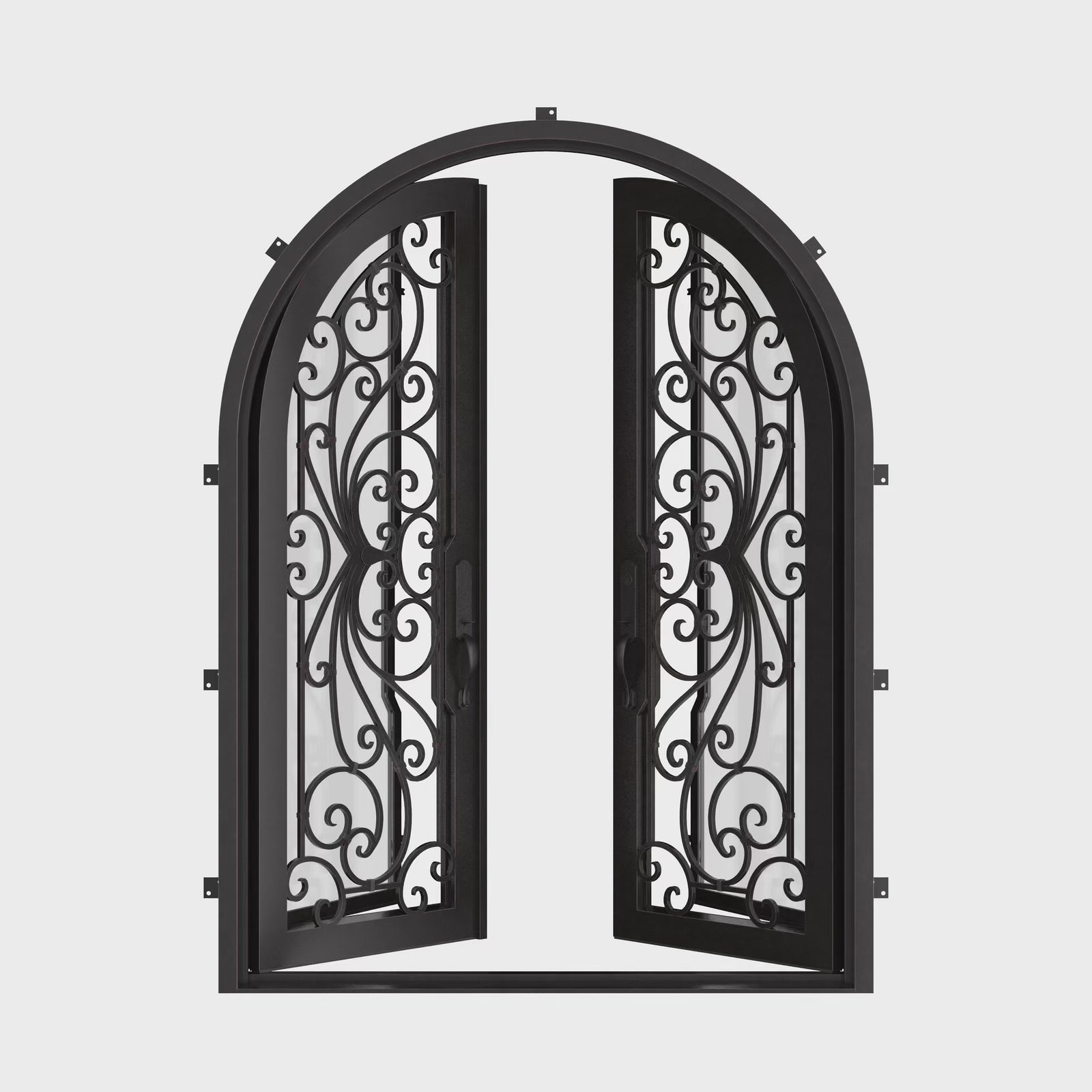 Miracle double full arch top front door with dual-pane tempered glass in bronze.
