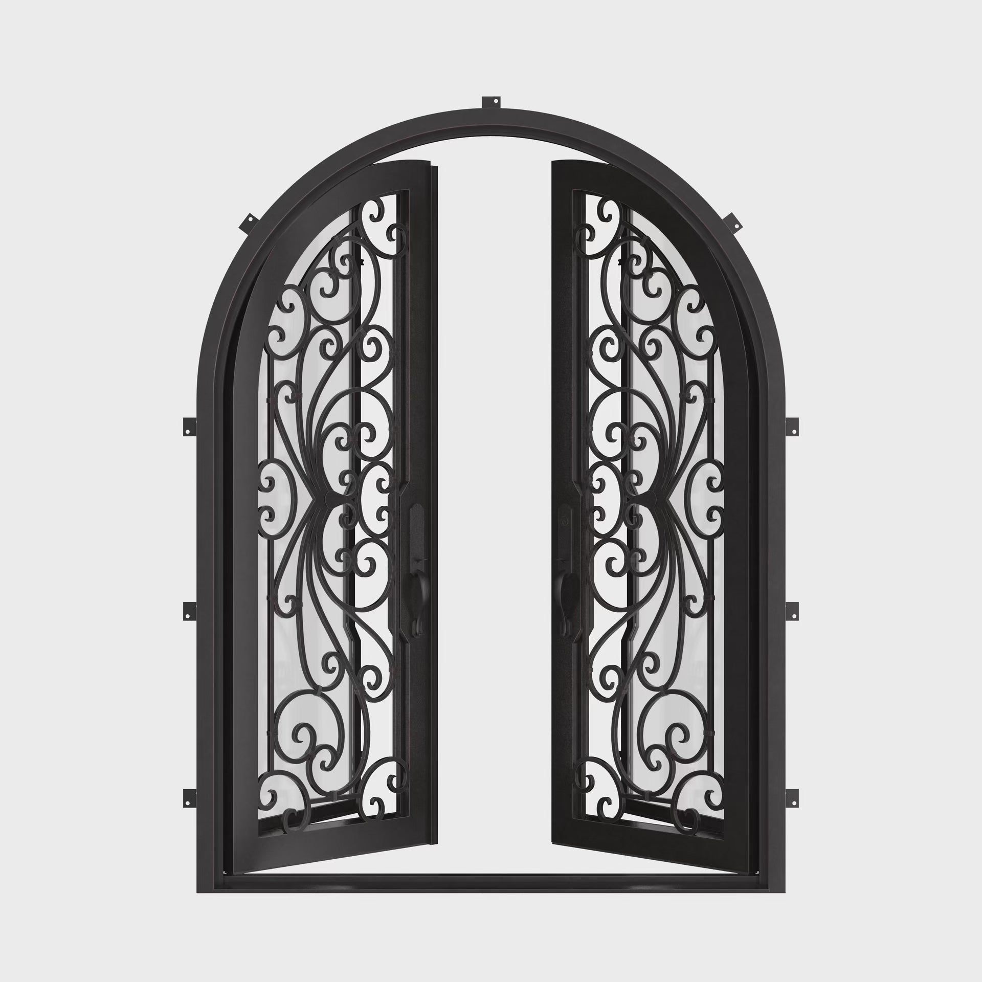 Miracle double full arch top front door with dual-pane tempered glass in bronze.