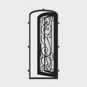 Hills single mini arch top iron entry door with thick double-pane glass.