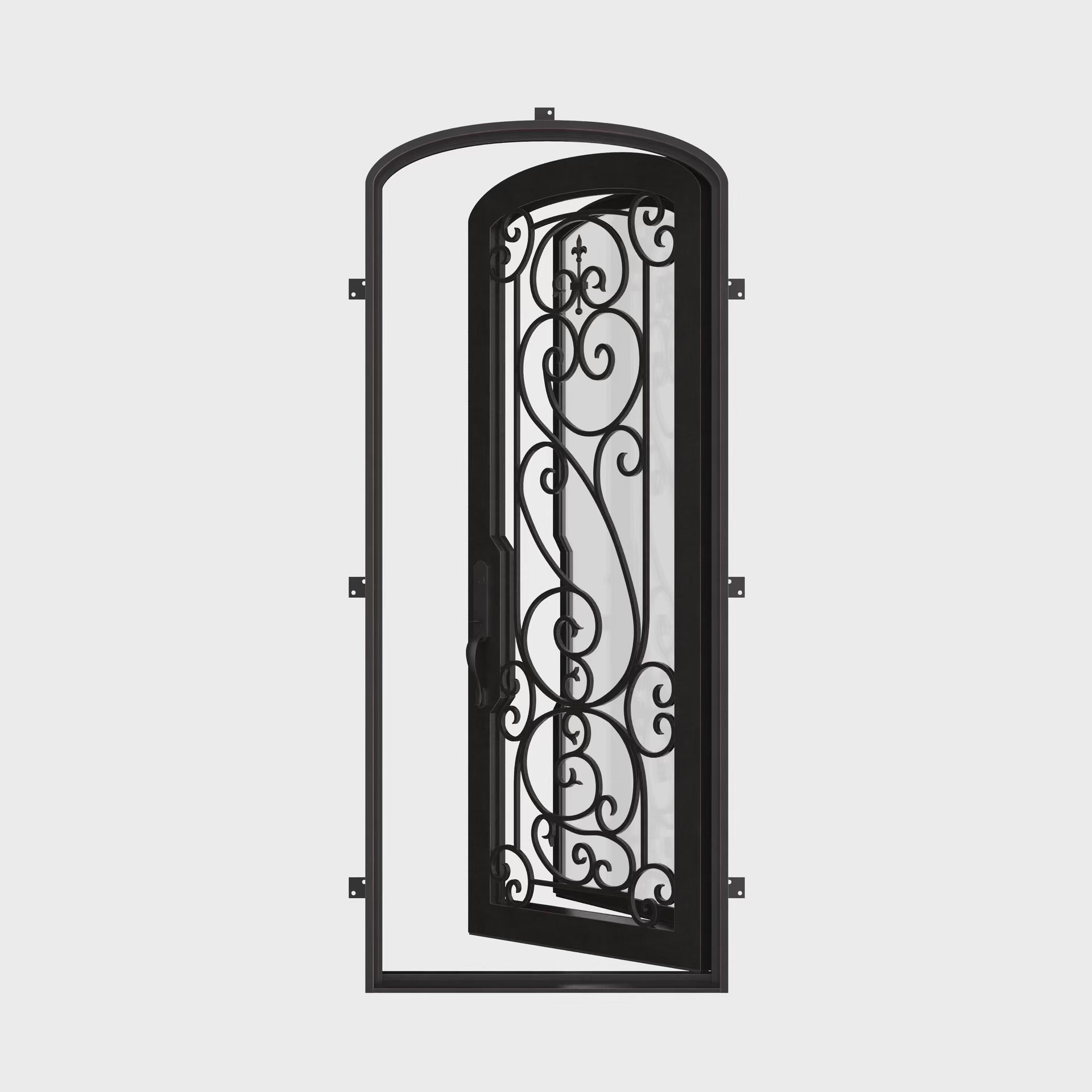 Hills single mini arch top iron entry door with thick double-pane glass.