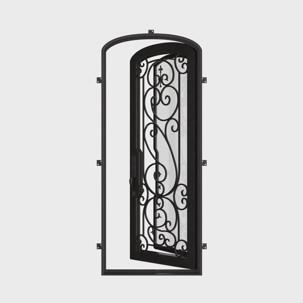Hills single mini arch top iron entry door with thick double-pane glass.