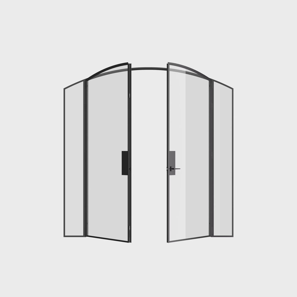 Pre-hung double arch steel door with sidelights and precision modular system.