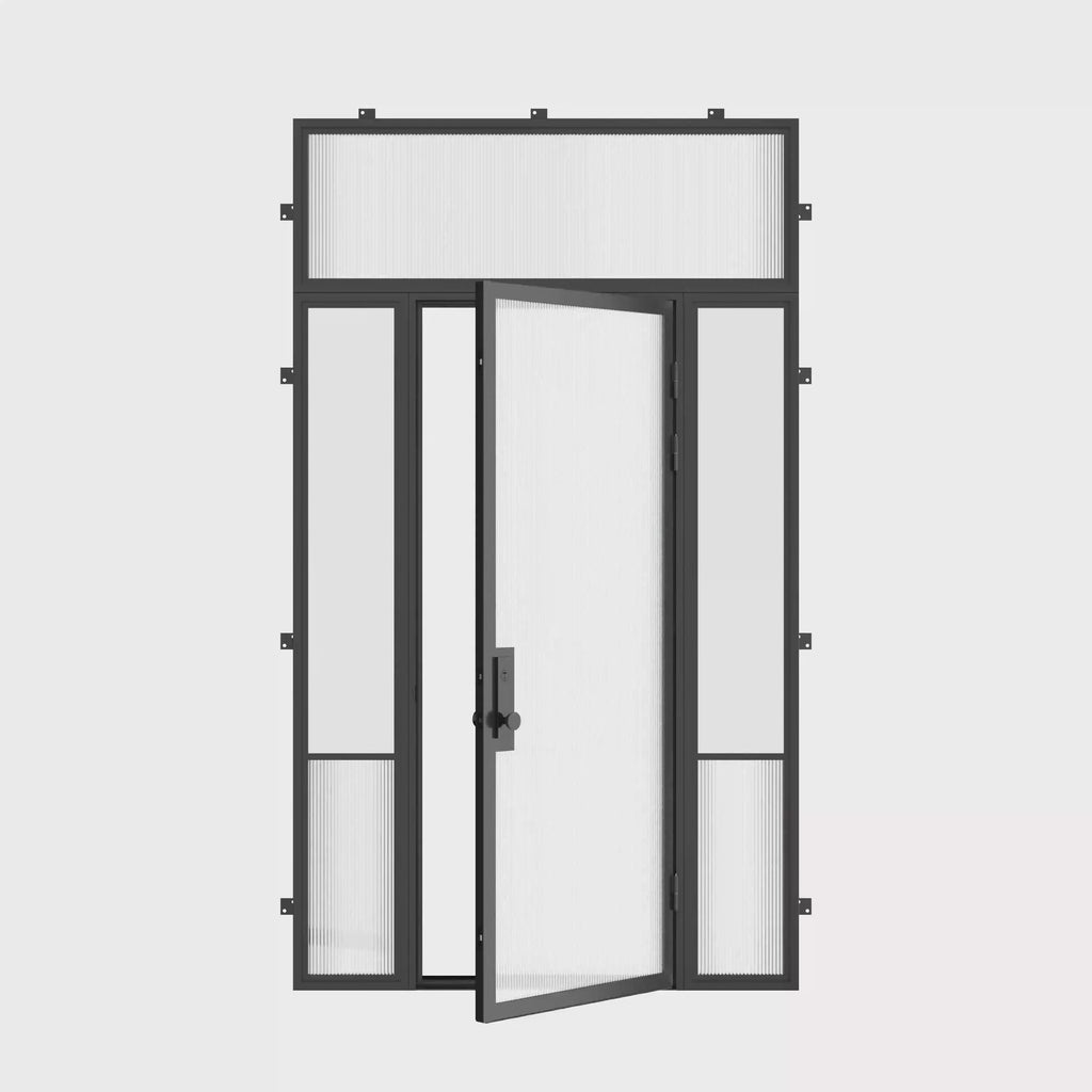 Air Grand contemporary exterior steel door with sidelights and flat top glass, galvanized steel construction and dual-pane Low-E tempered glazing