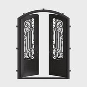 Golden Gate bronze colored metal arched top entry door with glass and thermal break.